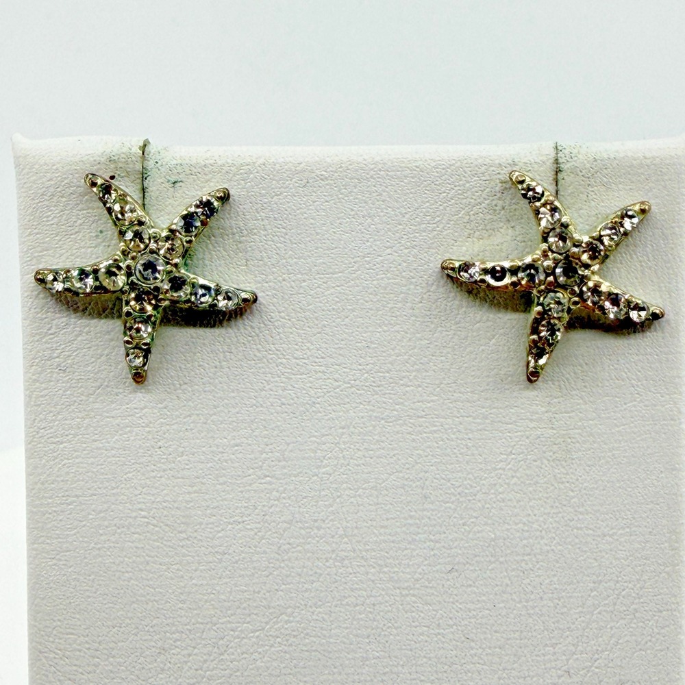 Starfish Stud Earrings Crystal Silver Tone Beachy Coastal Bohemian Chic Jewelry